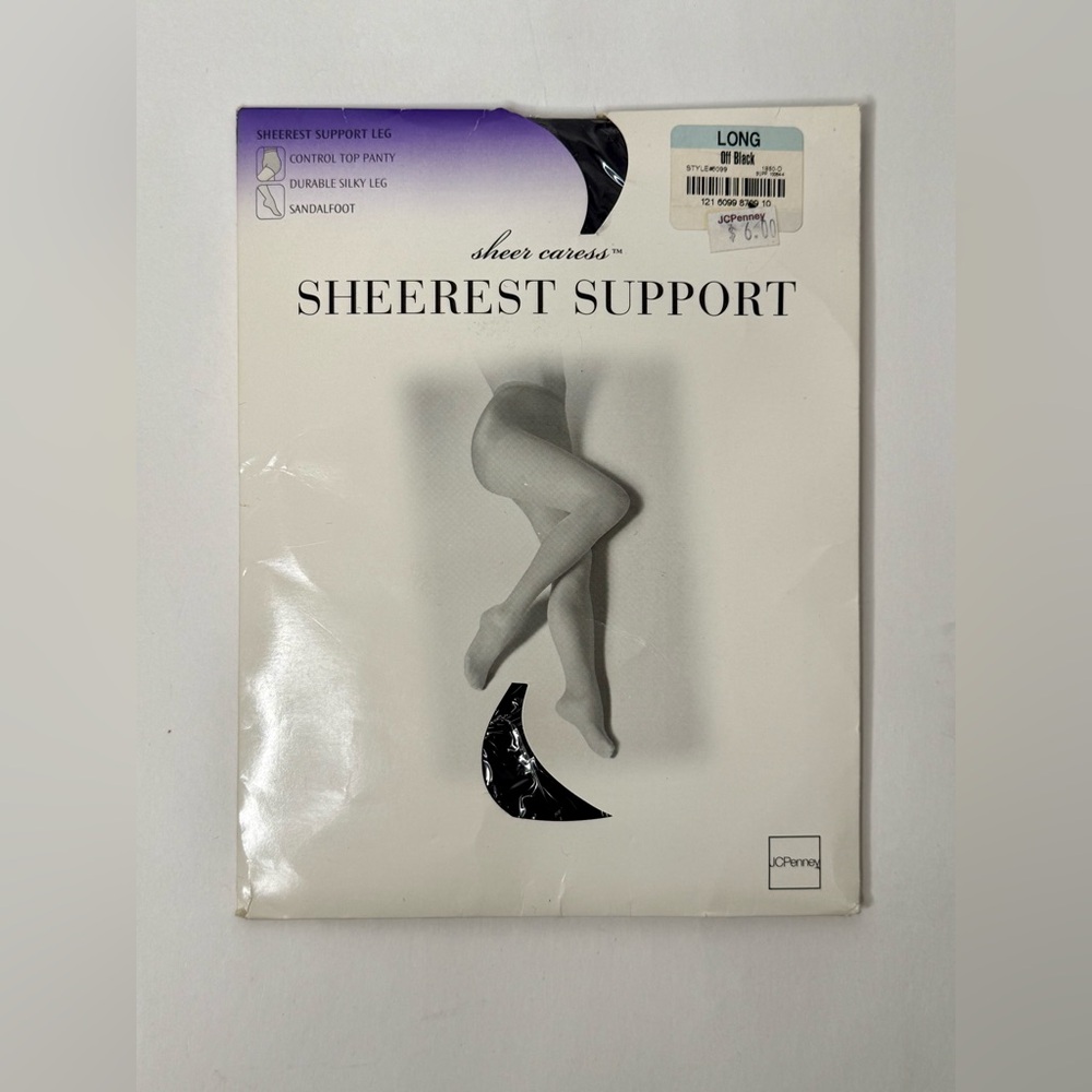Vtg Sheer Caress‎ Sheerest Support LONG Pantyhose Off Black Control Top Sandal